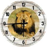 Wood Wall Clock 12 Inch Lion Wall Art African Lion Predator King with Full Golden Mane Round Small Battery Operated White