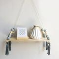 Nordic Shelf Wall Hanging Board Rope Hanging Floating Shelves Wooden Floating Shelves Storage with Tassel Beads Decor Display Ornaments Storage for Living Room Bedroom Bathroom and Kitchen