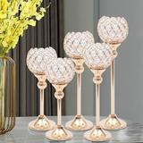 Gold Crystal Candle Holders 5-Piece Set 12 & 14 Inch Tealight Candlestick Holder Gold Crystal Candle Holders Table Decor Centerpieces Tealight Candlestick Holder Candelabra Golden Candle Holders