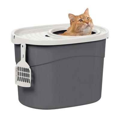 Iris Ohyama - Katzenklo mit Schaufel, bis 7 kg, Grau/Weiß, mit Deckel, Katzentoilette, leicht Image
