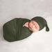 Dark Green Cocoon and Beanie Hat Sleep Sack 2pc Set Solid Hunter Forest Olive Gender Neutral Baby Boy Girl Rustic Woodland Camo