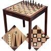 Sterling Games Wooden Chess Checkers and Backgammon 3 in 1 Combo Game Table Furniture Set, 25" x 25", 4" King