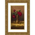 Martin Johnson Heade 9x14 Gold Ornate Wood Frame and Double Matted Museum Art Print Titled - Red Roses in a Japanese Vase on a Gold Velvet Cloth (circa 1885-1890)