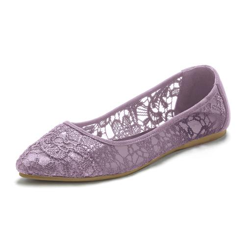 „Slipper LASCANA „“Ballerina““ Gr. 38, lila (flieder) Damen Schuhe Brautschuh Ballerina Slip ons Halbschuh, mit floraler Spitze VEGAN“