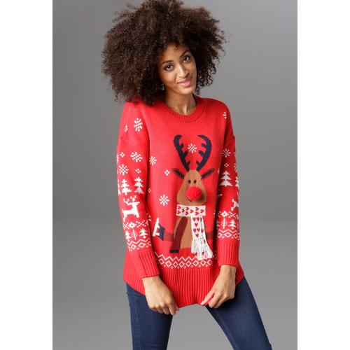 Weihnachtspullover ANISTON CASUAL Gr. 46, rot (rot-weiß-marine-hellbraun-braun) Damen Pullover mit Bommel-Nase und Fransenschal Bestseller