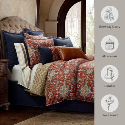 HiEnd Accents Melinda Red/Navy Washed Linen Vintage Floral Medallion 3 Piece Duvet Cover Set