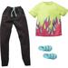 Barbie Fashions Ken Doll Clothing with Neon Flame Shirt Black Pants and Slide Sandals