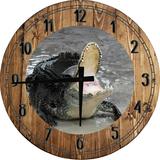 Large Wood Wall Clock 24 Inch Round Alligator Crocodile Mouth Open Feeding Time Round Small Battery Operated Brown Wall Art