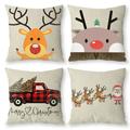 Christmas Pillow Cover Kit of 4 Linen Throw Pillowcase Santa Claus Print 45cm x 45cm Home Decorative for Sofa Living Room Bed Couch Car