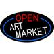 Open Art Market Oval With Blue Border LED Neon Sign 20 x 37 - inches Clear Edge Cut Acrylic Backing with Dimmer - Bright and Premium built indoor LED Neon Sign for art gallery and exhibition.