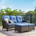 PARKWELL 3-Piece Patio Conversation Set Cushioned Sofa with Ottomans Outdoor Furniture Sets Brown Wicker and Blue Cushion