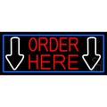 Order Here With Down Arrow With Blue Border LED Neon Sign 13 x 32 - inches Clear Edge Cut Acrylic Backing with Dimmer - Bright and Premium built indoor LED Neon Sign for Bar decor.