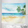 Watercolor Tapestry Summer Tropical Landscape Scenery Drawing Palm Trees Beach and Ocean Fabric Wall Hanging Decor for Bedroom Living Room Dorm 5 Sizes Sky Blue Ecru Green by Ambesonne