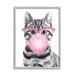 Stupell Industries Adorable Cat Bubble Gum Pink Glasses Monochrome Illustration Graphic Art Gray Framed Art Print Wall Art 16x20 by Annalisa Latella