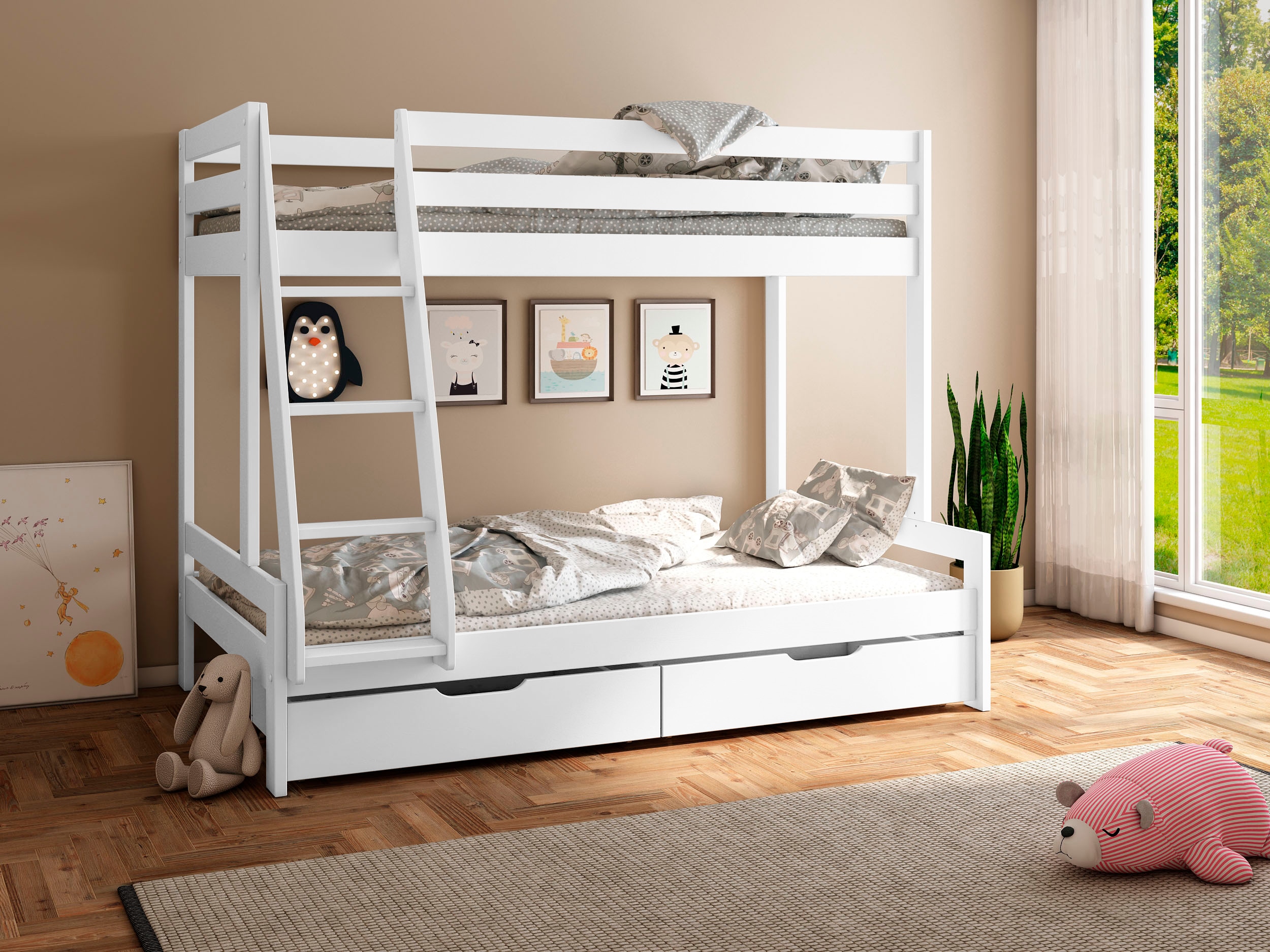 Etagenbett LÜTTENHÜTT "Doppelstockbett, Hochbett, "NORA" BESTSELLER", weiß, B:138cm L:206cm, Etagenbetten, mit Schubladen, zertifiziertes Massivholz, breite Liegefläche unten Image