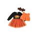 Thaisu 3Pcs Toddler Suitset Pumpkin Letter Dots Print O-Neck Long Sleeve Dress+ Solid color Waistcoat+ Headband 0-3Years