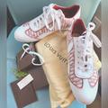 Louis Vuitton Shoes | Louis Vuitton Htf Marina Red Logo Pink Mini Lin 2010 Croisette Sneakers Nib 39 8 | Color: Cream/Red | Size: 39