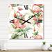 Designart 'Pink Flamingos With Tropical Flowers & Gold Leaves' Traditional wall clock