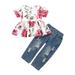 OLLUISNEO Infant Baby Girls Pants Outfits 12 Months Summer Pants Outfits 18 Months Floral Print Crew Neckline Short Sleeve Top Ripped Denim Pants 2 PCS Set