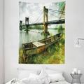 Landscape Tapestry Bridge and Old Boat on Riverside Distressed Paint Style Nostalgic City Picture Wall Hanging for Bedroom Living Room Dorm Decor 60W X 80L Inches Green Grey by Ambesonne