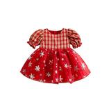 wybzd Toddler Kids Girls Christmas Princess Dress Snowflake Print Plaid Short Sleeve Patchwork A-line Dress 6 Months-4 Years