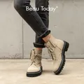 BeauToday – Bottines en daim avec lacets et fermeture éclair pour femme chaussures à plate-forme