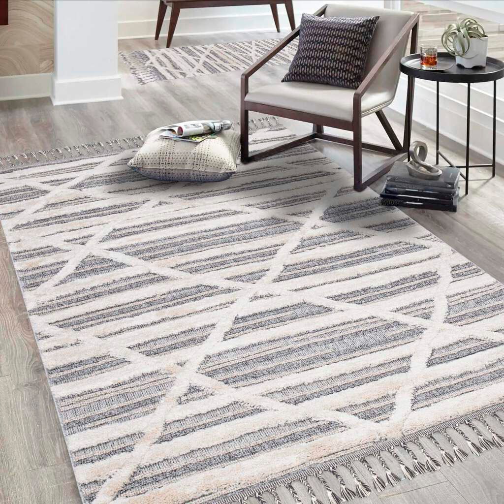 Hochflor-Teppich CARPET CITY "Valencia 810", blau (graublau, creme), B:160cm H:20mm L:230cm, Polypropylen, Teppiche, Fransenteppich, Läufer, Boho-Stil, 3D-Effekt, Raute, Hoch-Tief-Struktur, mit Fransen Image