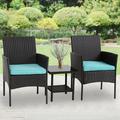 3 Pieces Outdoor Patio Furniture Wicker Table and Chairs Set Bar Set with Cushioned Tempered Glass Blue