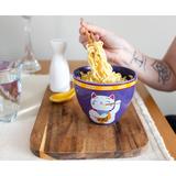 East Urban Home Bowl Bop Purple Lucky Cat Japanese Dinner Set | 16-ounce Ramen Bowl, Chopsticks, Ceramic in Indigo | 6.6 H x 6.7 W in | Wayfair