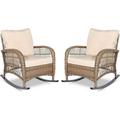 VIVIJASON 2 Piece Patio Wicker Rattan Rocker Chair Outdoor Rattan Rocker Chair with Cushions & Steel Frame All-Weather Rocking Lawn Wicker Furniture for Garden Backyard Porch (Beige)