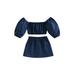 Canrulo Toddler Baby Girls Summer Clothes Denim Off Shoulder Square Neck Puff Long Sleeve Cropped Tops Mini Skirt Set Blue 3-4 Years