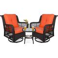VIVIJASON 3-Piece Patio Wicker Conversation Bistro Set Cushioned Outdoor Glider Swivel Rocking Chairs Rattan Furniture Sets with Thickened Cushion and Glass-Top Coffee Table Orange Cushion