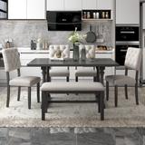 6-Piece Chic Dining Room Set Kitchen Dining Table Set with 4 Upholstered&Button Tufted Chairs and 1 Bench, Stable Structure