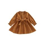 Peyakidsaa Kid Baby Girl Dress Long Sleeve Ruffled Neck Solid Color Buttons High Waist Dress+ Waist Belt