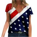Summer Women Casual Tee American USA Flag Print Short Sleeve Trendy T-shirt Comfy V Neck Loose Tunic Cute Shirt