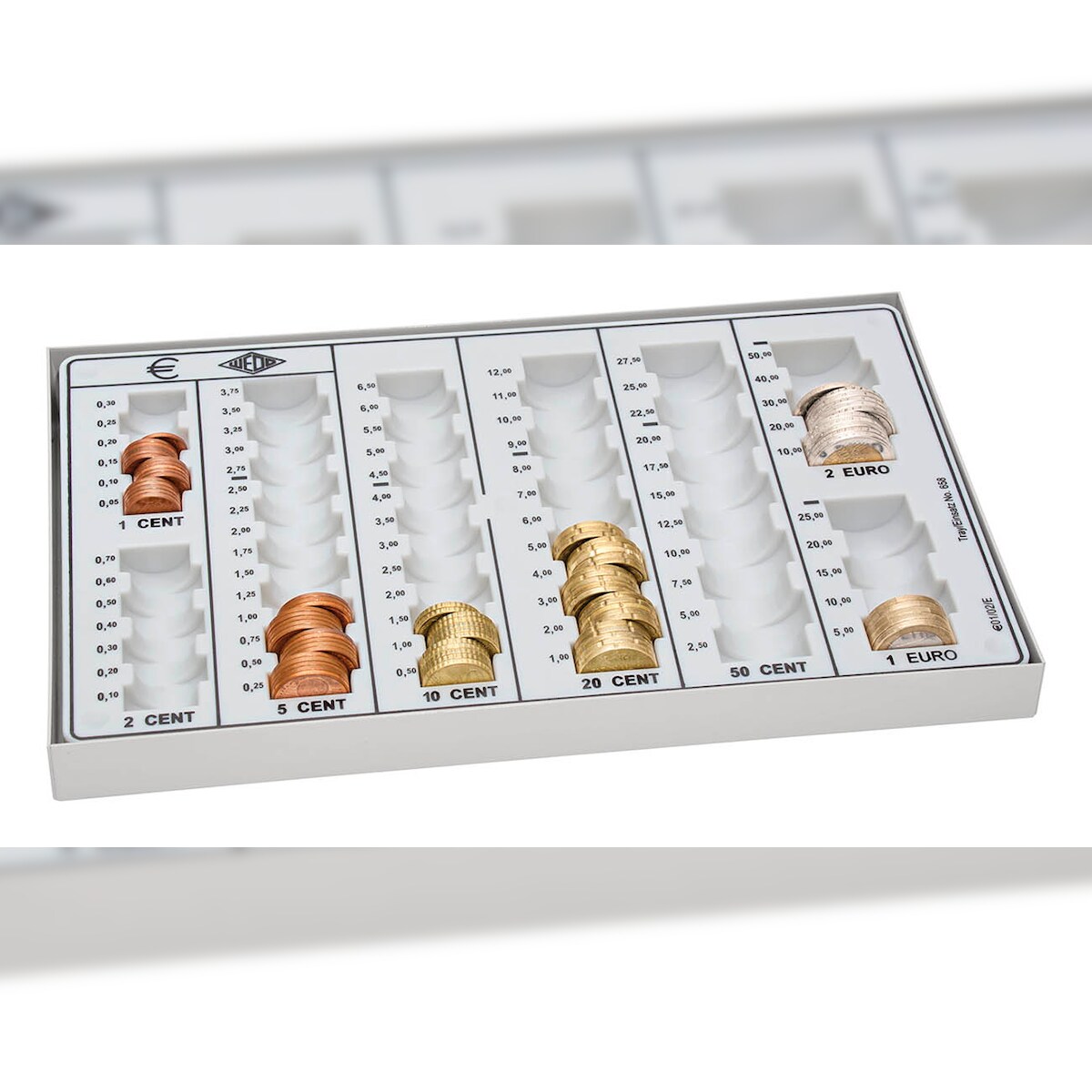 WEDO 160758037 Geld-Zählbrett aus Polystyrol, mit Metallboden, 8 Münzrillen, rutschfesten Gummifüßen, 26, 8 x 16, 5 x 3, 5 cm, lichtgrau Image