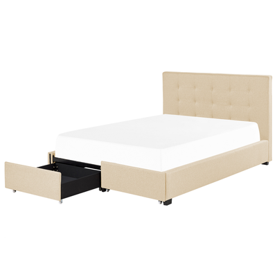 Polsterbett Beige Leinenoptik 140 x 200 cm mit Bettkasten Stauraum Modern Elegant Glamourös Gepolstertes Bett für Schlaf