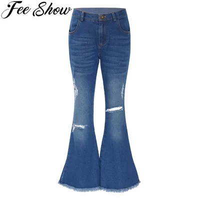 Jeans décontractés déchirés pour filles pantalons en denim ajustés jeans évasés fermeture à