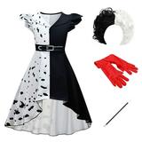 IDOPIP Cruella Deville Costume for Girls Kids Halloween Fancy Dress up Cosplay Black White Dalmatian Dog Dress with Wigs Gloves Cigarette Holder Outfit 11-12 Years High Low