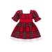 Franhais Toddler Baby Girls Casual Dress Square Neck Puff Sleeve Lace Decor Bowknot Plaid Dresses
