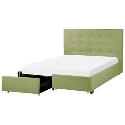 Polsterbett Grün Leinenoptik 140 x 200 cm mit Bettkasten Stauraum Modern Elegant Glamourös Gepolstertes Bett für Schlafz