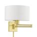 1 Light Traditional Steel Swing Arm Wall Sconce with Off-White Fabric Shade-11 inches H By 11 inches W-Satin Brass Finish Bailey Street Home