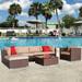 7 Pieces Wood Grain Patio PE Wicker Rattan Corner Sofa Set