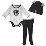 Newborn & Infant White/Black Brooklyn Nets Three-Piece Dream Team Long Sleeve Bodysuit Cuffed Knit Hat Footed Pants Set