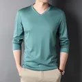 T-shirt à manches longues pour homme vêtement décontracté 100% coton col en V couleur unie