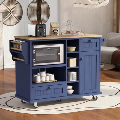 Kitchen Rolling Island Cart with Storage Cabinet and Solid wood desktop Microwave cabinet,Floor Standing Buffet Server Sideboard