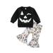 Calsunbaby Kids Toddler Girls Halloween Outfits Horror Smiley Face Print Sweatshirt + Cartoon Letter Print Flared Pants Black 18-24 Months