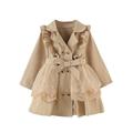 Gueuusu Kid Girls Single Breasted Trench Coat Dress Outerwear Mesh Patchwork Lapel Ruffle Double Breasted Windbreaker Outwear with Belt