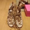 Free People Shoes | Free People Open Toe Gladiator Heels Double Laces Size 10 Nude Zip Up Back | Color: Brown/Cream | Size: 10