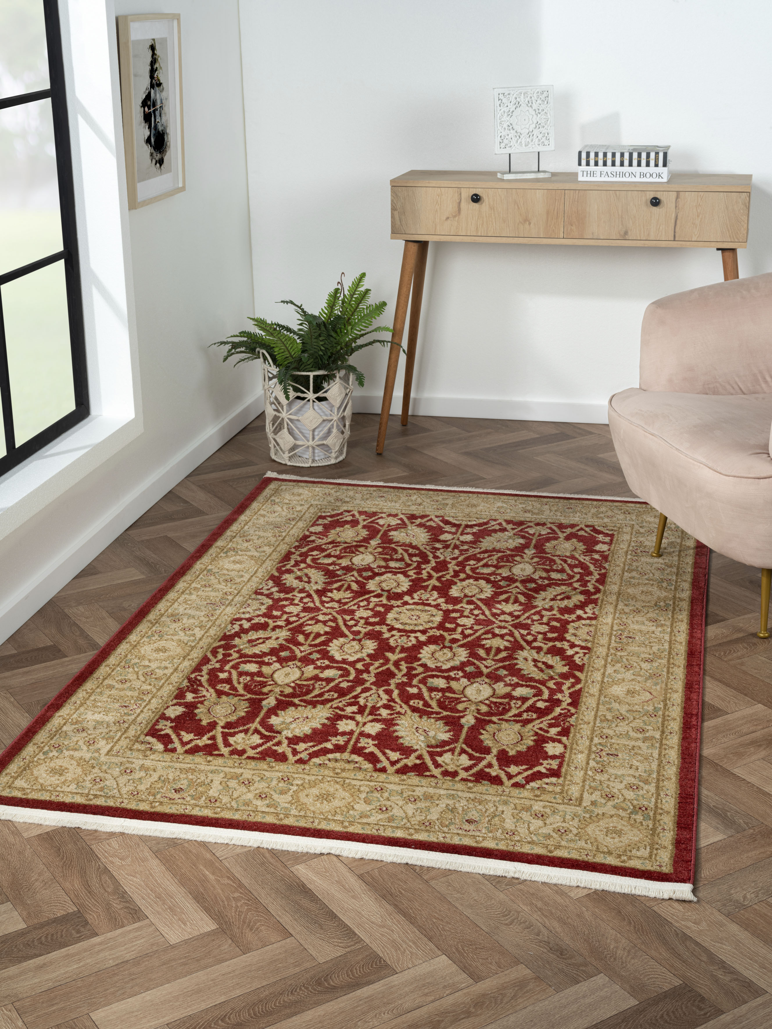 Teppich "Maryam 1, LAGERRÄUMUNG", rot (weinrot, creme), B:140cm H:7,5mm L:200cm, Polypropylen (PP), MYFLAIR MÖBEL & ACCESSOIRES, Teppiche, Fransenteppich, Kurzflor, Orient Optik, edler Glanz, mit Fransen, besonders weich Image